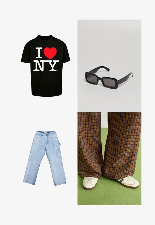 Black cotton t-shirt featuring bold white text reading "I ♥ NY" with a red heart graphic; short sleeves and a round neckline.; Light blue denim cargo pants with a relaxed fit, featuring a front pocket and side utility pocket, stitched details, and a straight leg design.; Brown and blue plaid wide-leg trousers paired with white shoes featuring black accents and textured soles, set against a green background.; Black sunglasses with a rectangular frame, thick plastic construction, and dark lenses, featuring smooth surfaces and rounded edges.