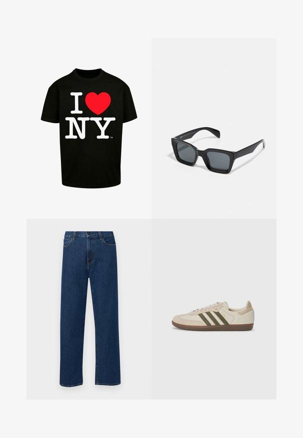 Musthave musta T-särk, millel on julge valge tekst "I ♥ NY" koos punaste südame graafikaga; lühikesed varrukad ja ümmargune kaelus.; Tumedat sinised sirged teksapüksid esikottide ja nupuklõpsuga, esitatud helesinisel taustal.; adidas Originals SAMBA OG UNISEX - Tossud - alumina/medium dark khaki/gum; Mustad ristkülikukujulised prillid tumedate läätsedega. Plastist raam, millel on läikiv viimistlus, laia sillaga ja veidi kitsenevad käepidemed.
