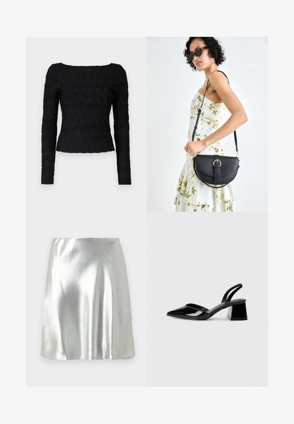 Čierny top s dlhým rukávom a textúrovaným, vlnitým vzorom. Má štvorcový výstrih a priliehavý strih v oblasti pása, vyrobený z elastickej tkaniny.; Strieborná metalická mini sukňa s hladkou textúrou a miernym leskom. Má zvonový tvar a jednoduchý, čistý lem.; Čierne lakované kožené sandálové podpätky s špicatou špičkou a geometrickým blokovým podpätkom. Disponujú elegantným, minimalistickým dizajnom a hladkým povrchom.; Čierna kožená kabelka s zaobleným tvarom, odnímateľným popruhom a zlatými doplnkami. Kabelka má klopu s detailom s prackou.; Prsteň v zlatej farbe s organickým, skrúteným dizajnom, hladkým povrchom a zužujúcimi sa koncami, vytvárajúci moderný, sochársky vzhľad.
