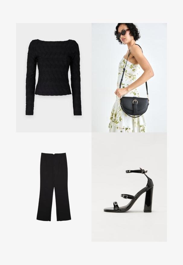 Čierny top s dlhým rukávom a textúrovaným, vlnitým vzorom. Má štvorcový výstrih a priliehavý strih v oblasti pása, vyrobený z elastickej tkaniny.; Čierne nohavice so strihom rovného strihu, s prednými vreckami a bočnými rozparkami na leme. Vyrobené z mäkkej, hladkej tkaniny. Vhodné na rôzne príležitosti.; Čierne lakované sandále na podpätku so štvorcovou špičkou, navlečenými remienkami okolo členku a striebornými prackami. Disponujú masívnym blokovým podpätkom pre stabilitu.; Čierna kožená kabelka s zaobleným tvarom, odnímateľným popruhom a zlatými doplnkami. Kabelka má klopu s detailom s prackou.