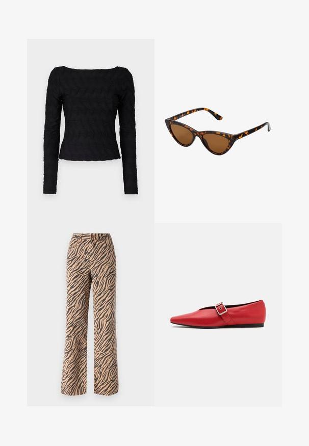 Top negru cu mâneci lungi, având un model texturat, ondulat. Are un decolteu pătrat și un design mulat în zona taliei, realizat dintr-un material elastic.; Pantaloni cu croi larg, cu un model în dungi de tigru în nuanțe de maro și negru, având talie standard și un design cu cinci buzunare.; Pantof cu toc plat din piele roșie, cu vârful ascuțit, având o curea laterală cu cataramă metalică și un toc negru scăzut. Textură netedă pe toată suprafața.; Ochelari de soare în stil cat-eye, cu o ramă din material cu tortoiseshell negru și portocalie, lentile maro și vârfuri elegante, ascuțite. Prezintă un logo minimal pe brățara ochelarilor.