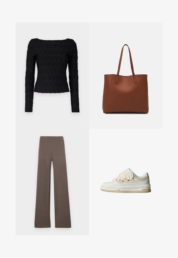 Čierny top s dlhým rukávom a textúrovaným, vlnitým vzorom. Má štvorcový výstrih a priliehavý strih v oblasti pása, vyrobený z elastickej tkaniny.; Riflované široké nohavice v tmavohnedej farbe, vybavené elastickým pásom a mäkkou, textúrovanou látkou.; Nízke tenisky z off-white kože s akcentmi z meshu, vybavené hrubými šnúrkami, polstrovanou podrážkou a štruktúrovanými detailmi na zvršku.; Hnedá kožená taška na rameno s hladkou textúrou, otvoreným vrchom a dvoma ramenými popruhmi. Má minimálne šitia a žiadne viditeľné kovania.