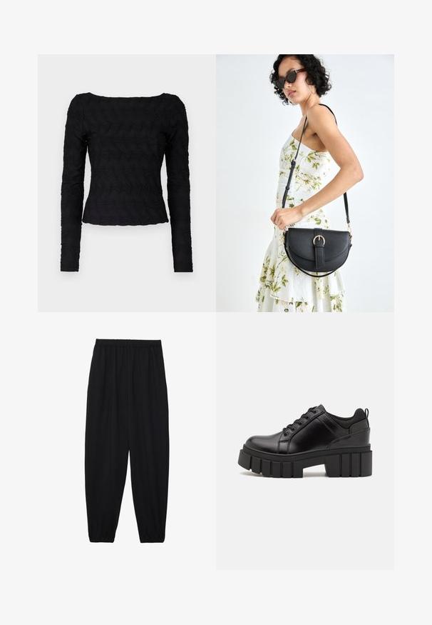 Černý top s dlouhými rukávy a strukturovaným, vlnitým vzorem. Má čtvercového výstřihu a přiléhavý střih v oblasti pasu, vyrobený z elastického materiálu.; Černé, lehké kalhoty s elastickým pasem a nařasenými kotníky. Tkanina je hladká a má uvolněný, zúžený design.; Černé kožené platformové boty s masivním blokovým podpatkem, kulatou špičkou a tradičním šněrováním. Mají hladký povrch a minimální detaily.; Černá kožená kabelka s křivkovým tvarem, odnímatelným popruhem a zlatými detaily. Kabelka má klopu s přezkou.
