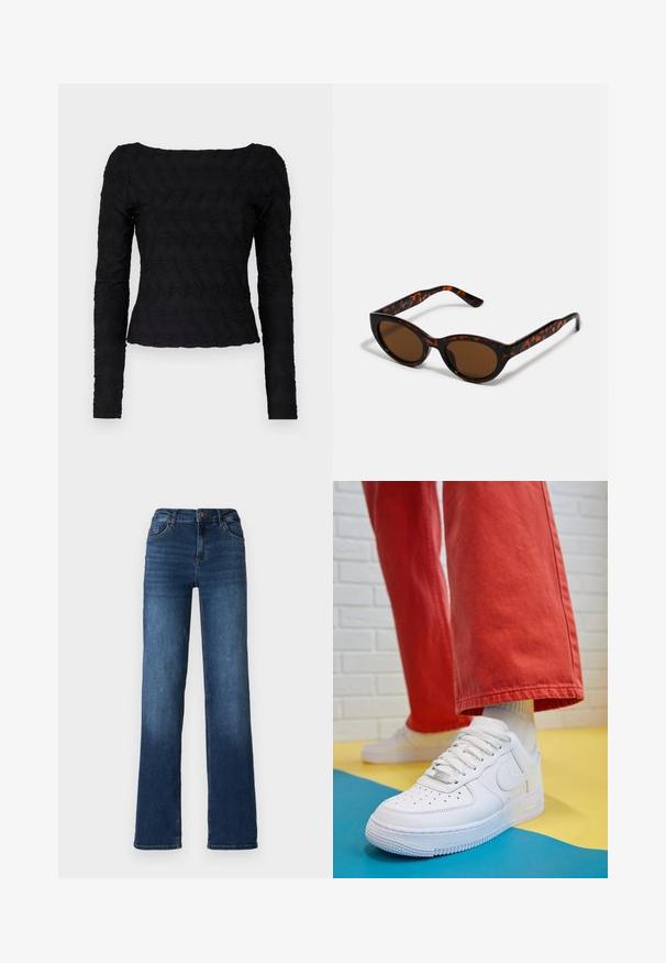 Mustapaita pitkähihaisella mallilla, jossa on tekstuurinen, aallotettu kuvio. Varustettu neliönmallisella pääntiellä ja kapealla muotoilulla vyötäröllä, valmistettu joustavasta kankaasta.; Tummansiniset farkut, joissa on suoralahkeinen malli, keskipakkausvyötärö ja hienovaraista kulumista helmoissa. Varustettu viidellä taskulla ja nappisulkimella.; Valkoinen nahkakengät, joissa on rei'itetty varvasosa, teksturoitu pohja ja valkoiset nauhat, yhdistettynä leveisiin punaisiin housuihin ja sinikeltaiseen taustaan.; Ruske tortoiseshell sunčane naočale s vintage mačkastim oblikom i smešnim sočivima. Ima zakrivljene okvire s crvenim akcentima.; Musta nahkainen kynäpenkkilaukku, jossa on läppä ja kultainen metallinen solkiyksityiskohta. Mukana musta hihna ja tyylikäs, minimalistinen muotoilu.; Kultaketjut kullasta, joissa on sileä, kiiltävä pinta. Pyöreä muotoilu, jossa on pieni tappi ja kirkas taustalevy turvalliseen käyttöön.