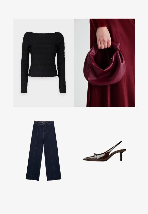 Schwarzes Langarmoberteil mit einem strukturierten, gewellten Muster. Hat einen quadratischen Ausschnitt und eine figurbetonte Passform in der Taille, gefertigt aus dehnbarem Material.; Weite dunkle Jeanshose mit Kontrastnähten, hoher Taille und geradem Schnitt. Verfügt über Fronttaschen und einen klassischen Knopfverschluss.; Braune Lackleder-Slingback-Schuhe mit spitzem Zehenbereich, niedrigem Absatz und einer dekorativen Schleifenakzent an der Vorderseite. Glatte, glänzende Textur.; Burgunderleder-Handtasche mit einem weichen, gerafften Design und einer gerundeten Form. Der Griff ist gesichert und zeigt eine glatte Textur.