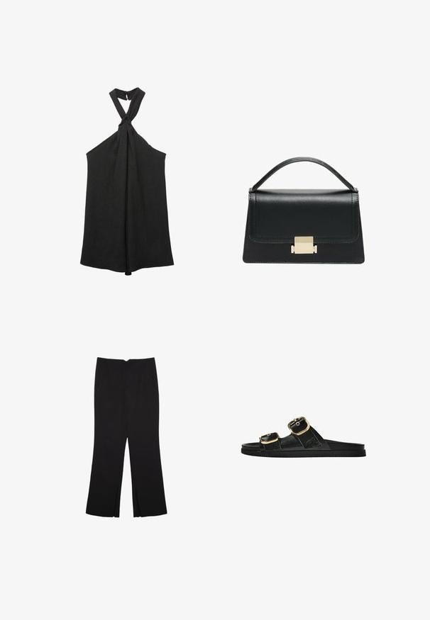 Top senza maniche nero con collo a halter annodato e silhouette morbida. Realizzato in tessuto strutturato, presenta una leggera lucentezza e chiusura con bottoni.; Pantaloni neri a gamba dritta, con tasche frontali e spacchi laterali all'orlo. Realizzati in tessuto morbido e liscio. Adatti a diverse occasioni.; Infradito neri con due accenti di fibbia dorata, materiale dalla texture liscia, suola piatta e design minimalista.; Borsa a tracolla in pelle nera con design strutturato, manico superiore e dettaglio in metallo dorato sulla parte frontale. Texture liscia, cuciture minime.