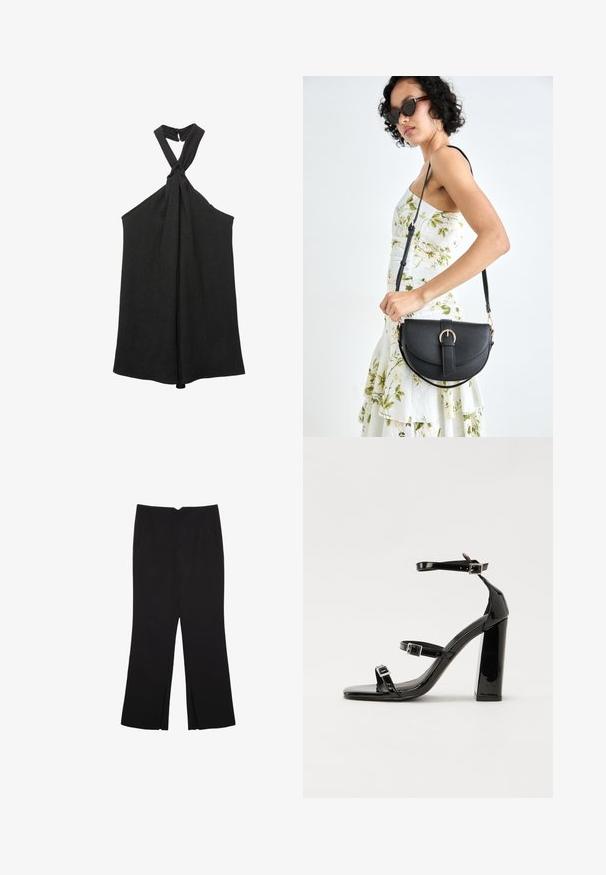Top senza maniche nero con collo a halter annodato e silhouette morbida. Realizzato in tessuto strutturato, presenta una leggera lucentezza e chiusura con bottoni.; Pantaloni neri a gamba dritta, con tasche frontali e spacchi laterali all'orlo. Realizzati in tessuto morbido e liscio. Adatti a diverse occasioni.; Sandali con tacco alto in vernice nera con due cinturini con fibbia, punta quadrata e tacco spesso a blocco, caratterizzati da una texture liscia e lucida.; Borsa a tracolla nera in pelle con una forma curva, manico rimovibile e accessori dorati. La borsa presenta una patta con un dettaglio a fibbia.