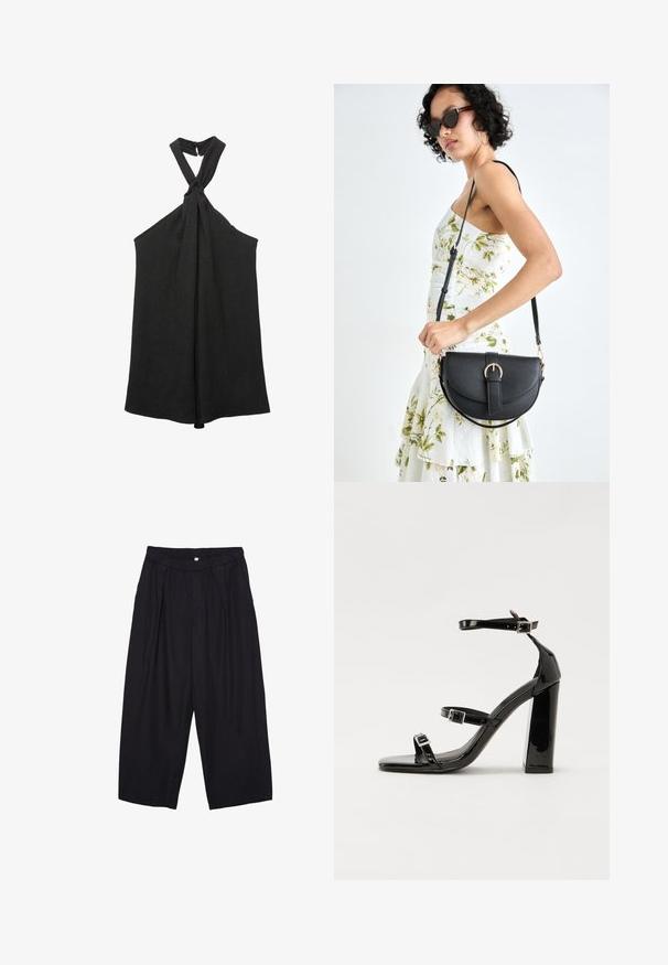 Top senza maniche nero con collo a halter annodato e silhouette morbida. Realizzato in tessuto strutturato, presenta una leggera lucentezza e chiusura con bottoni.; Pantaloni culotte neri in poliestere con una cintura elastica, due pieghe frontali e una silhouette ampia. Nessun motivo visibile o dettagli in metallo.; Sandali con tacco in vernice nera, con punta squadrata, cinturini alla caviglia e fibbie in argento. Presentano un tacco a blocco spesso per maggiore stabilità.; Borsa a tracolla nera in pelle con una forma curva, manico rimovibile e accessori dorati. La borsa presenta una patta con un dettaglio a fibbia.
