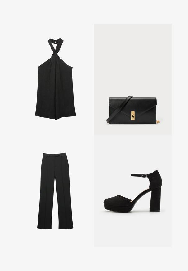 Musta ilmanhiha toppi, jossa on solmittava halterneck ja löysä siluetti. Valmistettu teksturoidusta kankaasta, joka omaa hillittyä kiiltoa ja nappikiinnityksen.; Mustat suorat housut, jotka on valmistettu sileästä kankaasta, litteällä edellä, vyölenkeillä ja ilman näkyviä taskuja, räätälöidyllä istuvuudella.; Mustat mokkanahkaiset korkokengät, joissa on paksu tukikorko, pyöreä kärki ja nilkkavöri, joka on kiinnitetty metallisella soljella. Pintakuvio on sileä.; Mustavärinen nahkalompakko, jossa on käännettävä läppä, kultaiset yksityiskohdat ja logoakseli. Mukana irrotettava olkahihna kuljetusta varten.