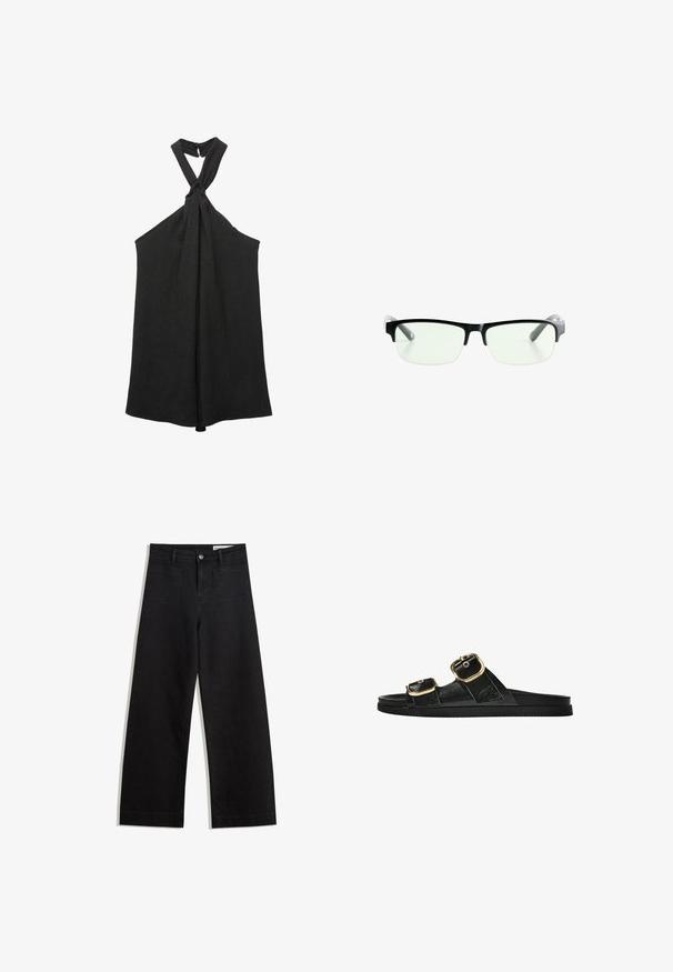 Črna brezrokavna majica s povezanimi ovratniki in ohlapnim krojem. Narejena iz teksturirane tkanine, ki ima subtilen lesk in zapenjanje na gumb.; Črne široke denim hlače z visokim pasom, ki imajo sprednje in zadnje žepe, šivane šive ter gumbasto zapiranje. Gladka tekstura.; Črne drsne sandale z dvema zlatima zaponkama, gladkega materiala, ravnim podplatom in minimalističnim dizajnom.; Črne pravokotne očala z prozornimi lečami, ki imajo elegantne črne okvirje in siva prozorna ročaja. Minimalistična zasnova, brez vidne blagovne znamke.; Črna lakasta usnjena torbica s ukrivljeno obliko, enim ramenskim trakom, sprednjimi žepi in srebrnimi kovinskimi dodatki.