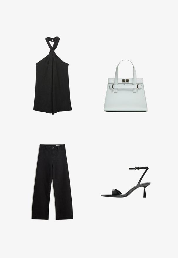 Crna bez rukava bluzica s čvorastim halter izrezom i labavim krojem. Izrađena od teksturirane tkanine, s blago sjajnom završnom obradom i kopčanjem na dugme.; Crne široke traperice s visokim strukom, s prednjim i stražnjim džepovima, šivenim šavovima i kopčanjem na gumb. Glatka tekstura.; Bershka Sandale s visokom petom - black; Svijetloplavi ručni kovčeg sa strukturiranim dizajnom, dva držača i kopčom od srebrnastog metala. Teksturirani materijal i oštri kutovi.