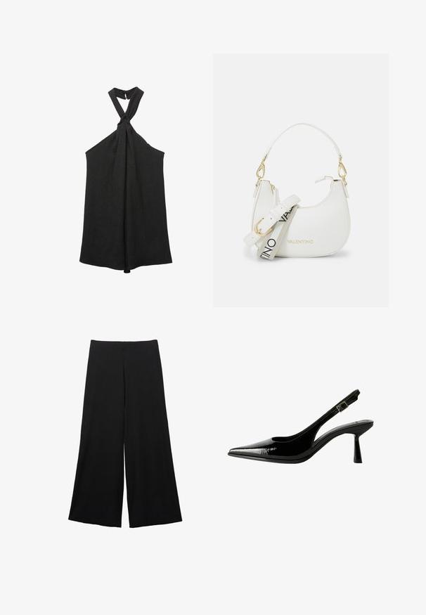 Zwarte mouwloze top met een geknoopt halternek en een losse pasvorm. Gemaakt van textiel met een subtiele glans en knoopsluiting.; Zwarte wijde broek gemaakt van een zachte stof. Heeft een hoge taille en een gladde textuur zonder zichtbare patronen of accenten.; Zwarte gepatineerde leren slingback pump met een spitse neus, uitsparingen aan de zijkanten, een verstelbare enkelband en een dunne, slanke hak.; Witte handtas met een gebogen silhouet, textuurleer, gouden hardware en een afneembare schouderriem met een logo en gespdetail.