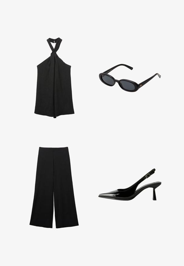 Top negru fără mâneci, cu guler halter legat și o siluetă lejeră. Fabricat dintr-un material texturat, cu un luciu subtil și închidere cu nasture.; Pantaloni negri evazați, realizați dintr-un material moale. Prezintă talie înaltă și o textură netedă, fără modele sau accente vizibile.; Pantofi cu toc slingback din piele patent neagră, cu vârf ascuțit, laterale decupate, curea la gleznă ajustabilă și toc subțire, elegant.; Ochelari de soare supradimensionați, cu lentile ovale, cadru din plastic neted și accente aurii pe brațe. Lentilele întunecate oferă protecție solară.