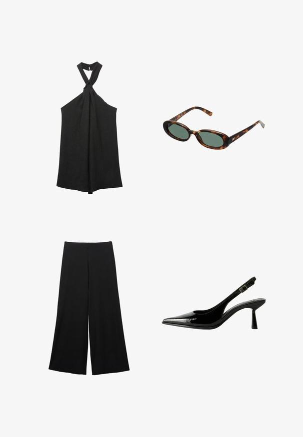 Crna bez rukava bluzica s čvorastim halter izrezom i labavim krojem. Izrađena od teksturirane tkanine, s blago sjajnom završnom obradom i kopčanjem na dugme.; Crne široke hlače napravljene od mekanog materijala. Imaju visoki struk i glatku teksturu bez vidljivih uzoraka ili akcenta.; Crne lakovane kožne cipele s otvorenom petom, šiljastim vrhom, izrezanim stranama, podešavajućom naramenicom i tankim, elegantnim potplatom.; Sunčane naočale u boji kornjače s ovalnim okvirom i zelenim staklima. Imaju tanke ručke s metalnim detaljem blizu šarki.