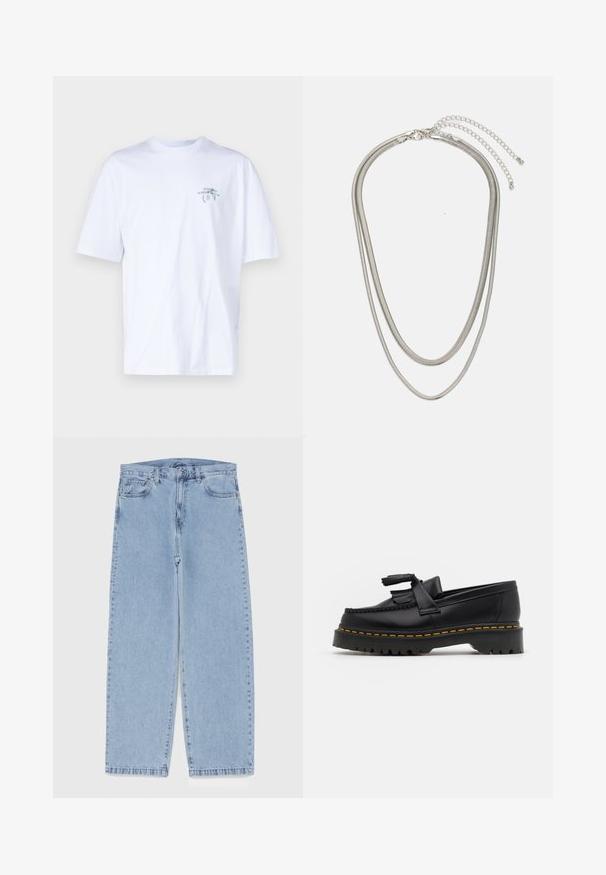 White cotton t-shirt with short sleeves, crew neck, featuring a small green graphic on the left chest area. Casual, loose-fit design.; Light blue denim jeans with straight leg design, featuring a mid-rise waist, five pockets, and a button and zipper closure.; Black leather loafer with a tasseled accent, featuring a chunky black sole and yellow stitching along the edge. Textured finish.; Three-layered silver metal necklace featuring sleek, flexible chains with a slight sheen, secured with a lobster clasp and adjustable chain.