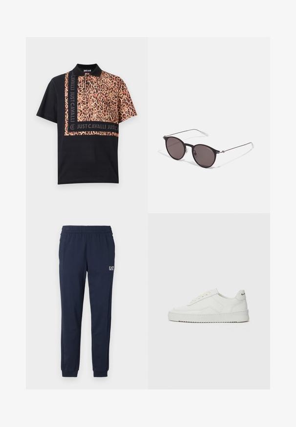 Svart polo skjorte med panel i leopardmønster på forsiden, med en svart merkevarestripe og korte ermer. Jevn stoffkvalitet.; Marineblå joggebukser med elastisk midje og mansjetter. Har en liten hvit logo på venstre ben. Laget av et mykt, elastisk materiale.; Hvite lærersneakers med en jevn overflate, rund tå, flate lisser og en teksturert såle. Har en subtil logo på hælen.; Sorte, runde solbriller med mørke linser og slanke metalarmer. Inkluderer klare temple tips og sølvfargede detaljer ved hengslet. Minimalistisk design.