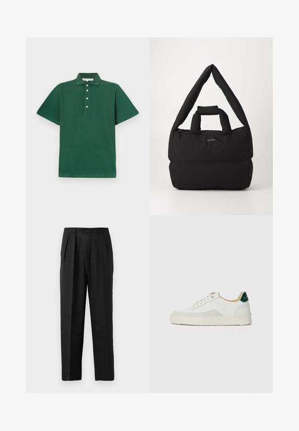 Mørkegrønn polo-skjorte laget av bomull, med klassisk krage, korte ermer, og en knappstolpe med fire hvite knapper.; Sorte plissede bukser med skrædderdesign, lavet af glat stof, med knaplukning og lige ben.; Hvit sneakers med semsket detaljer, rund tå, flate snøringer og en kremfarget gummisåle. Har grønn merking på hælen.; Svart polstret veske med en bred, myk skulderreim og topphåndtak. Har glidelås lukking og en subtil logo foran.