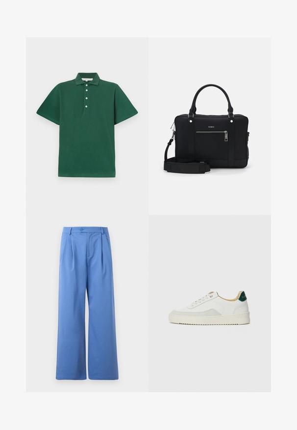 Sötétzöld pólóing, amely pamutból készült, klasszikus gallérral, rövid ujjakkal és négy fehér gombbal ellátott gombolással.; Sima anyagból készült kék, bő szabású nadrág. Elöl gombos záródás és plissé részletek találhatók. Lapított derékpánt, zsebek nélkül.; Fehér sneaker suédé részletekkel, kerek orral, lapos fűzőkkel és krémszínű gumitalppal. Zöld logó található a sarkán.; Fekete szintetikus válltáska két fogantyúval, leválasztható vállpánttal, elülső cipzáras zsebbel és ezüst színű fém kiegészítőkkel.