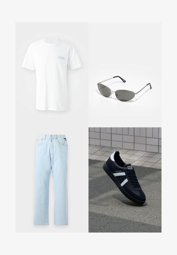 Baltos medvilnės marškinėliai trumpomis rankovėmis. Kairėje krūtinės pusėje yra šviesiai mėlyna „LEE“ logotipo spauda. Apvalus iškirpimas, standartinio kirpimo.; Šviesiai mėlyni džinsai su tiesiomis kojomis. Turi mygtuką ir užtrauktuką, penkias kišenes bei kontrastingą siuvinėjimą.; Juodas odinis sportinis batelis su baltais dryžiais, tekstūruota gumine padais ir raišteliais priekyje. Yra prekės ženklą žymintis etiketė ant liežuvio.; Akiniai nuo saulės su elegantišku sidabro metaliniu rėmu, pilkai tonuotais objektyvais ir aerodinaminiu dizainu, turinčiu smailius kampus ir plonus šonus.