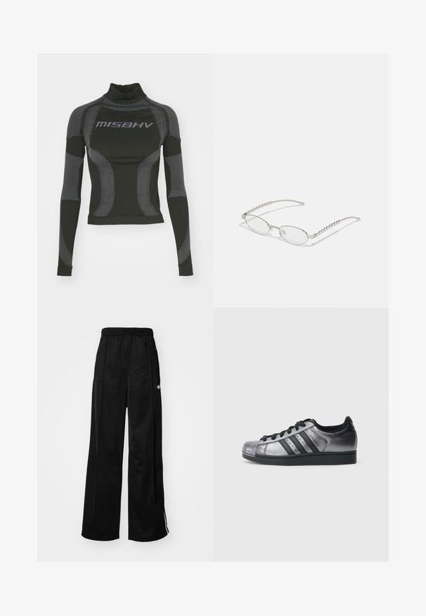 Tricou de performanță negru, cu mâneci lungi, având guler înalt, material elastic și modele de linii gri contrastante, cu logo-ul "MISBHV" pe față.; Pantaloni sport largi negri cu talie elastică, având dungi albe pe laturi și un logo mic pe șoldul stâng. Textură de țesătură netedă.; Adidași negri și argintiu metalic, cu vârf rotund, trei dungi negre și partea superioară texturată. Șireturi negre și talpă din cauciuc.; Ochelari ovali cu o ramă metalică argintie, lentile clare și accente texturate cu mărgele pe brațe. Design ușor cu brațe curbate.
