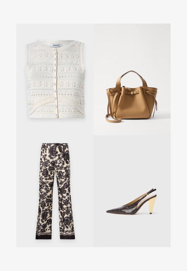 Ujjatlan krémszínű kötött felső virágos hímzéssel, texturált mintákkal, gyöngygombos záródással és csipke díszítéssel. Kerek nyakkivágás.; Virágmintás, krémszínű, széles lábú nadrág fekete árnyalatokkal. Selymes tapintású, és kontrasztos sötét díszítéssel rendelkezik az alján.; Hegyes orrú slingback sarok sötétbarna, fényes mű krokodilbőrben. Aranyszínű geometrikus sarka és állítható bokapánt jellemzi.; Tory Burch ROMY PEBBLED SATCHEL - Kézitáska - tiramisu