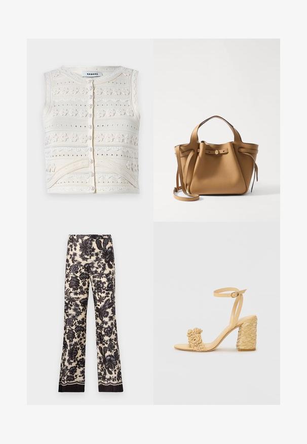 Sleeveless cream knit top with floral embroidery, textured patterns, pearl button closure, and lace trim detail. Round neckline.; Floral-patterned wide-leg pants in cream with black hues. Features a silky texture and contrasting dark trim at the hem.; Beige high-heeled sandal with a braided texture, featuring a decorative flower and ankle strap. Square-shaped heel adds stability.; Tory Burch ROMY PEBBLED SATCHEL - Handbag - tiramisu