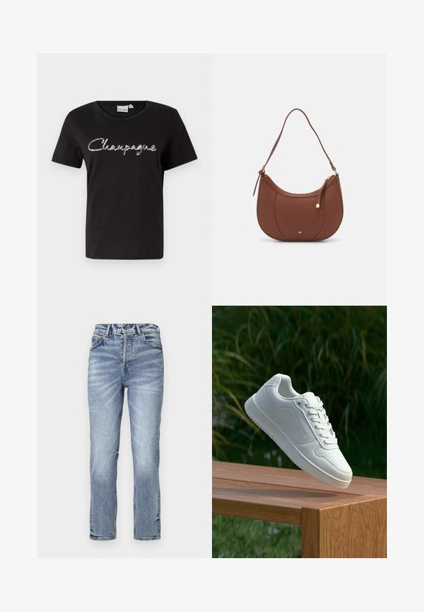 Musta puuvillapaita lyhyillä hihoilla, pyöreällä kaula-aukolla ja hopeisilla, paljeteilla koristeltu "Champagne"-teksti edessä.; Vaaleansiniset farkut suoralla istuvuudella, korkea vyötärö, haalistunut pinta ja viisi taskua. Varustettu metallinapeilla ja vetoketjulla.; Valkoiset tennarit, joissa on sileä synteettinen päällinen, rei'itetty varvasosa, litteät nauhat ja teksturoitu pohja, esillä puupinnalla.; Ruskea keinonahkainen olkalaukku, jossa on kaareva muoto, minimaalinen ompelu ja kultasävyinen varuste. Varustettu ylhäältä avautuvalla vetoketjullisella suljennalla ja säädettävällä hihnalla.