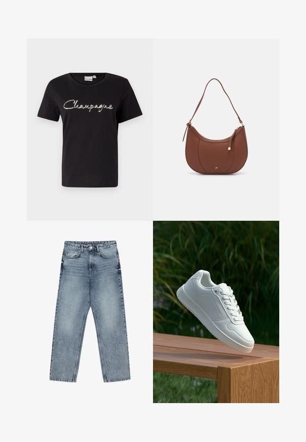 Sort bomulds t-shirt med korte ærmer, rund hals og et sølvfarvet pailletdesign med teksten "Champagne" henover forsiden.; Lysblå denim jeans med lige ben, synlig syning, fem lomme-design og knaplukning ved taljen.; Hvid sneaker med en glat syntetisk overdel, perforeret tåboks, flade snørebånd og en tekstureret sål, præsenteret på en træoverflade.; Brun faux læder skuldertaske med buet form, minimal syning og en guldtonet hardwaredetalje. Har en top lynlåslukning og justerbar rem.