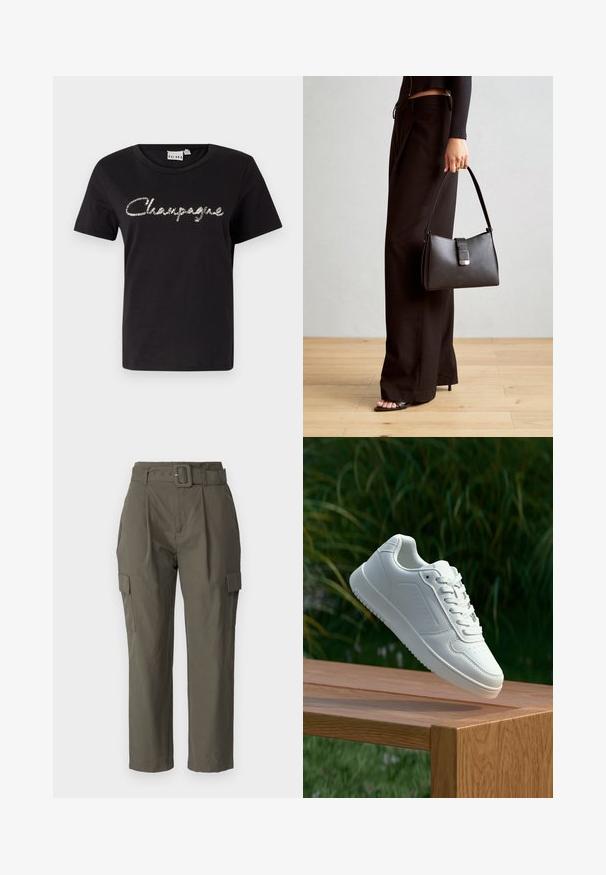 Mustmust värvi puuvillane T-särk lühikeste varrukatega, ümmargune kaelus ja hõbedaste sequins-tähtedega "Champagne" tekstikujundus ees.; Õlipüüdid oliivrohelises värvuses, valmistatud kergest kangast. Omadusteks on vööga talje, esiservade voltimine ja küljetaskud klapiga.; Valged sneakerd, millel on sile sünteetiline ülemine osa, väikeste aukudega varvaskast, lamedad paelad ja tekstuuriga tald, eksponeeritud puidust pinnal.; Must musta kott, millel on struktureeritud kuju, sile tekstuur ja metallist klamber. Kombineeritud laiate mustade pükstega ja avatud varvaste sandaalidega puidust põrandal.
