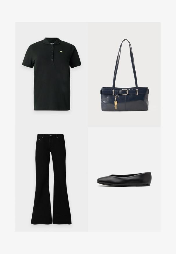 Crna polo majica od meke tkanine; ima ovratnik s kragnom, kratke rukave, plisu sa šest gumba i mali zeleni logotip na prsima.; Crne trapezaste traperice izrađene od denima, s klasičnim dizajnom od pet džepova, kopčanjem na gumb i suptilnim šavovima uz rubove.; Paul Smith TOPANGA - Balerinke - black; Morska kožna torbica s dva duga ramena, detaljem kopče i privjeskom za ključeve. Ima glatku teksturu i pravokutni oblik.