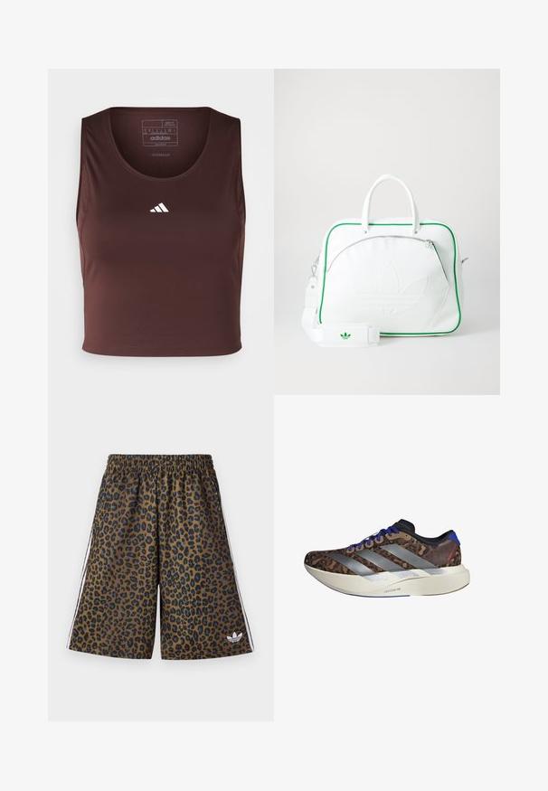 adidas Performance TECHFIT CROPPED - Top - shadow brown; Leopardmønstrede shorts i brun og sort med elastisk talje og hvide sidelister. Fremstillet af glat, letvægtsmateriale.; Løbesko med en overdel i brun leopardprint, sølvstriber, blå detaljer og en hvid mellemsål mærket "LIGHTSTRIKE PRO." Letvægtsdesign.; Hvid lædertaske med grønne kanter, der har et fremtrædende præget logo, dobbelte håndtag, en aftagelig strop og en lynlåslomme foran.