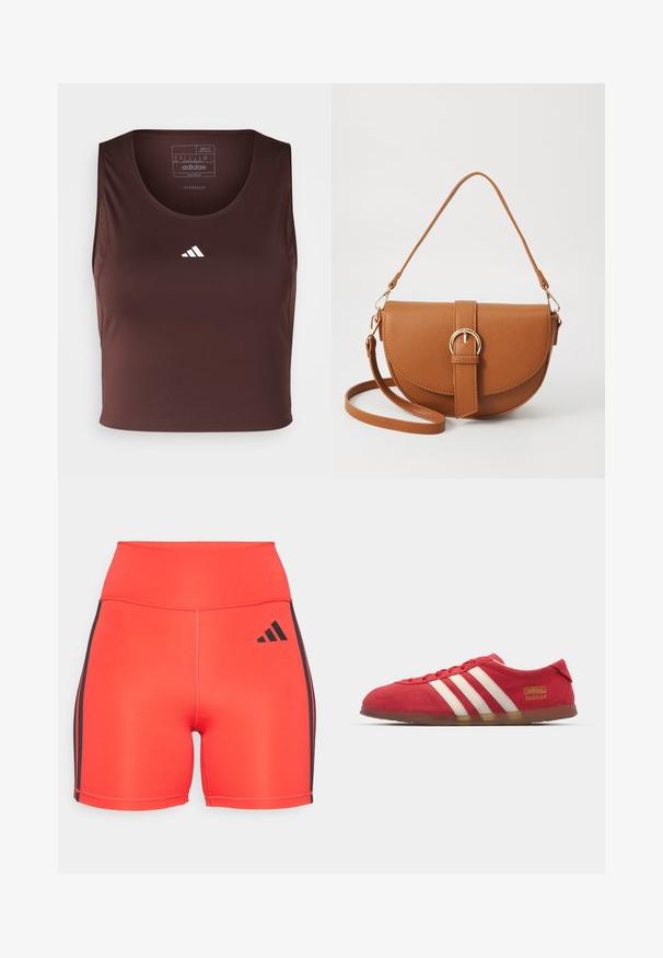 adidas Performance TECHFIT CROPPED - Top - shadow brown; Pantalones cortos deportivos de color rojo brillante con una cinturilla alta, con rayas laterales negras y un logo de Adidas. Fabricados con una tela elástica para mayor comodidad.; Zapatilla de ante roja con diseño de tres rayas blancas, suela plana y detalle de logo dorado. Diseño bajo con punta redonda y cierre con cordones.; Bolso bandolera de cuero marrón con forma curvada, herrajes dorados y un acento de hebilla. Incluye una correa de hombro desmontable.