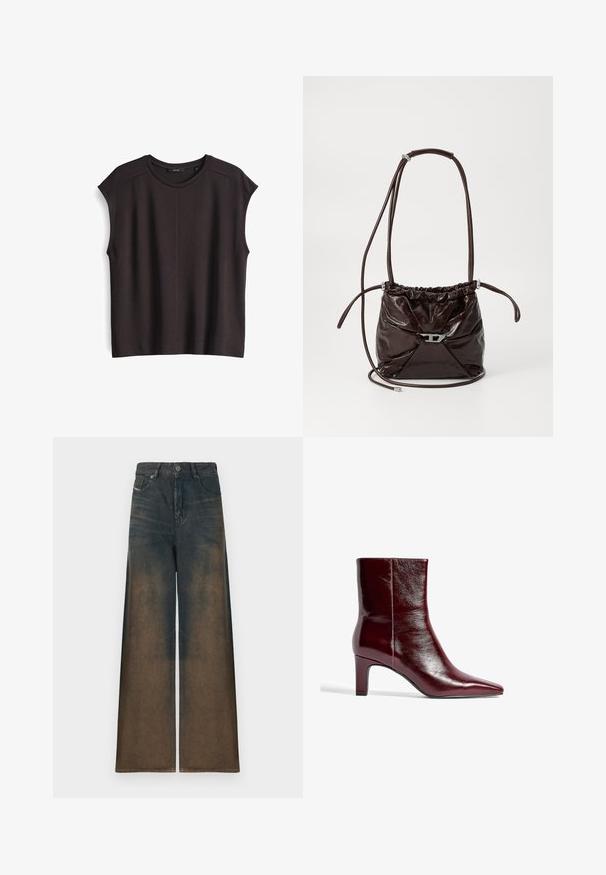 Bruine top met korte mouwen, gemaakt van zacht, soepel materiaal. Beschikt over een ronde hals en een schoon, eenvoudig ontwerp zonder zichtbare versieringen.; Wijd been jeans in donkerdenim, met een gradient vervaging van donker naar lichtbruin, voorzien van een klassiek vijf-pocket ontwerp en metalen knoopsluiting.; Bordeaux leren enkellaars met een spitse neus, een slank ontwerp en een middelgrote blokhak. Gladde textuur en minimale naaddetails.; Diepbruin, glanzend leren schoudertas met een geplooide bovenkant en een dunne verstelbare schouderriem, met een klein detail van een zilverkleurige sluiting aan de voorkant.