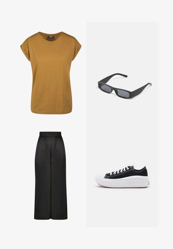Sennepsgul T-shirt med kortærmer og klassisk halsudskæring, lavet af blødt bomuldsstof, med opvalmede ærmer og en afslappet pasform.; Sorte brede bukser lavet af glat, skinnende stof med elastisk talje og uden synlige lommer eller hardwaredetaljer.; Sorte kanvas sneakers med hvide snørebånd, hvid gummitåhætte og en kraftig hvid mellemsål. Har diskret hvid syning og en gummisål.; Sorte rektangulære solbriller med mørke linser og tykke matte stel. Armen er let tilspidset med en glat overflade.