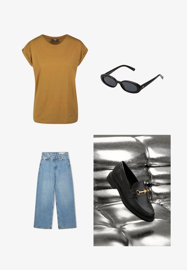 Majičasta žuta majica kratkih rukava s okruglim izrezom, izrađena od mekanog pamučnog materijala, s rolama na rukavima i opuštenim krojem.; Svijetloplave široke traperice od denima, s visokim strukom, pet džepova, zatvaranjem na gumb i suptilnim izbjeljivanjem za teksturu.; Crni kožni loafer sa detaljem od zlatnog tona. Cipele se odlikuju elegantnim dizajnom i glatkom, sjajnom teksturom.; Crne velike sunčane naočale s ovalnim staklima, glatkim plastičnim okvirom i zlatnim detaljima na sljepočnicama. Tamna stakla pružaju zaštitu od sunca.; Meka mekana smeđa torba hobo stila s jednim širokim remenom i zakrivljenim otvaranjem na vrhu, prikazana na bijeloj pozadini.