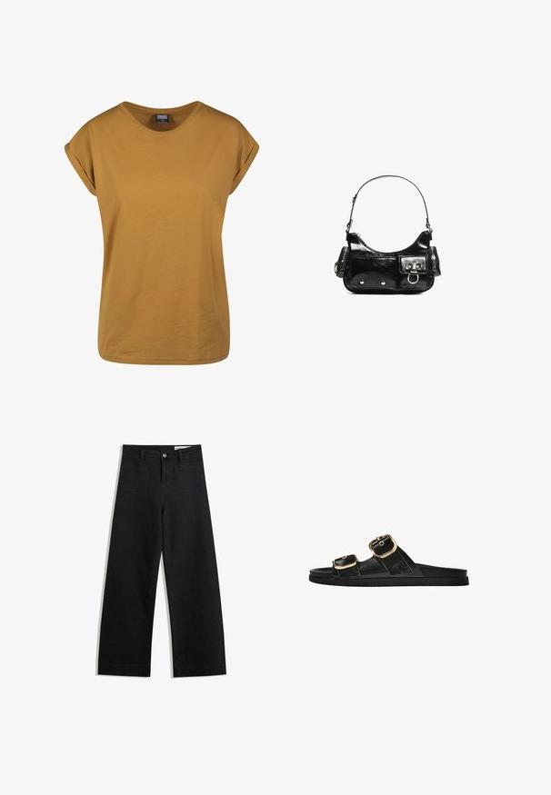 Mustard yellow short-sleeve T-shirt with a crew neckline, made from soft cotton fabric, featuring rolled cuffs and a relaxed fit.; Black wide-leg denim pants with a high waist, featuring front and back pockets, stitched seams, and a button closure. Smooth texture.; Black slide sandal with two gold buckle accents, smooth textured material, flat sole, and a minimalist design.; Black patent leather handbag with a curved shape, one shoulder strap, front pockets, and silver-tone hardware accents.