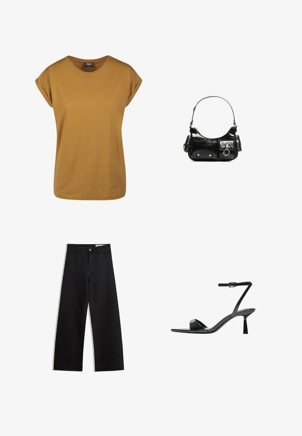 Tricou cu maneca scurtă de culoare muștar, cu guler rotund, fabricat dintr-un material moale din bumbac, având mansete rulate și o croială lejeră.; Pantaloni din denim negri cu picioare largi, cu talie înaltă, având buzunare frontale și posterioare, cusături dublate și închidere cu nasture. Textură netedă.; Bershka Sandale cu toc - black; Geantă de mână din piele lăcuită neagră, cu o formă curbată, un umăr, buzunare frontale și accente din metal argintiu.