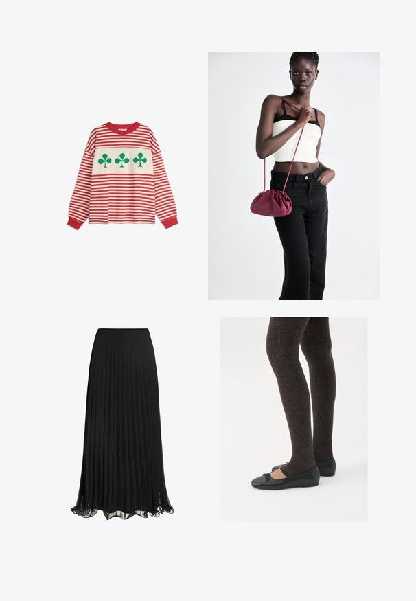 Langarmshirt mit rot-weißen horizontalen Streifen und drei großen grünen Kleeblättern auf der Brust.; Weißes T-Shirt mit kurzen Ärmeln und V-Ausschnitt, versehen mit einem zarten Spitzenbesatz am Ausschnitt und an den Ärmelsäumen, aus leichtem Stoff gefertigt.; Schwarze, plissierte Maxiröcke aus leichtem Stoff mit fließendem Design. Mit einem Rüschensaum und einem elastischen Taillenbund für mehr Komfort.; Schwarze flache Schuhe mit einem kleinen Schleifendetail an der Zehe, kombiniert mit dunkelbraunen gerippten Strumpfhosen. Die Schuhe haben eine glatte Textur und ein niedriges Profil.; Burgunderfarbene Handtasche aus weichem Stoff mit gerafftem Design und langem Trageriemen, quer über den Körper getragen. Das Modell trägt ein weißes Crop-Top und schwarze Jeans.