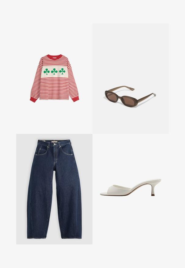 Pitkähihaisessa paidassa on punavalkoiset vaakaraitat ja rinnan kohdalla kolme suurta vihreää apilaa.; Tummansinisiä farkkuja, joissa on rento malli, vaaleat tikkaukset, viisi taskua ja nappikiinnitys vyötäröllä.; Valkoiset avonaiset korkeakorkoiset mulesit, joissa on sileä pinta, minimalistinen muotoilu ja hoikka korko, ja joissa on hienovarainen ruskea korostus pohjassa.; Ruske oválne slnečné okuliare s tmavými sklami. Rám je vyrobený z priesvitného hnedého materiálu a na stranách má potlačené logo.; Vihreä nahkainen käsilaukku, jossa on sileä rakenne, kaareva muoto ja punottu kahva. Varustettu vetoketjulla ja säädettävällä hihnalla.