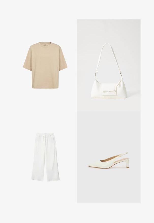 Bež majica iz chai bombaža s kratkimi rokavi, okroglim izrezom in gladko teksturo. Brez vidnih logotipov ali vzorcev.; Bela široka hlače iz mehkega materiala, z vrvico v pasu in dvema sprednjima žepoma. Gladek texture in brez vidnih vzorcev.; Bele begaste usnjene slingback čevlje z ostrim nosom in nizkim blokastim peto. Imajo diskreten trak z zlatim podrobnostim s sponko.; Bela sintetična torbica v obliki trikotnika, z ravnim sprednjim poklopcem in detajlom mašne, nastavljivim trakom, gladko teksturo in minimalističnim dizajnom.