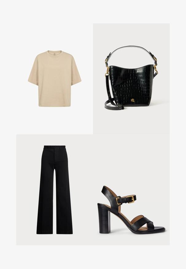 Beige übergroßes Baumwoll-T-Shirt mit kurzen Ärmeln, Rundhalsausschnitt und glatter Textur. Keine sichtbaren Logos oder Muster.; Schwarze weite Hosen aus gewebtem Stoff, mit hoher Taille, vorderem Knopfverschluss und Seitentaschen. Glatte Textur mit klaren Linien.; Schwarze Leder-Absatzsandalen mit einem überkreuzten Riemendesign und einem Schnallenverschluss. Sie verfügen über einen dicken Absatz und eine glatte Textur.; Schwarze, krokodilgeprägte Lederhandtasche mit geschwungener Form, goldfarbenen Hardware-Akzenten, einem verstellbaren Riemen und einem Logodetail auf der Vorderseite.