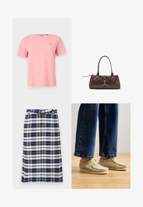 Rosa Baumwoll-T-Shirt mit rundem Ausschnitt, kurzen Ärmeln und einem kleinen gestickten Logo auf der linken Brust. Glatte Textur, lässige Passform.; Karierte Shorts in Marineblau, Weiß und Grau. Verfügt über eine gerade Silhouette, Knopfverschluss und eine subtile Textur mit Rautenmuster.; Beige Wildlederschuhe mit runden Zehen und niedrigem Profil. Mit Schnürdesign und gesteppten Akzenten. Getragen mit gekürzten blauen Jeans.; Dunkelbraune Lederhandtasche mit zwei oberen Griffen, goldenen Hardware-Akzenten, einem Frontverschluss und gesteppten Texturen an den Seiten.