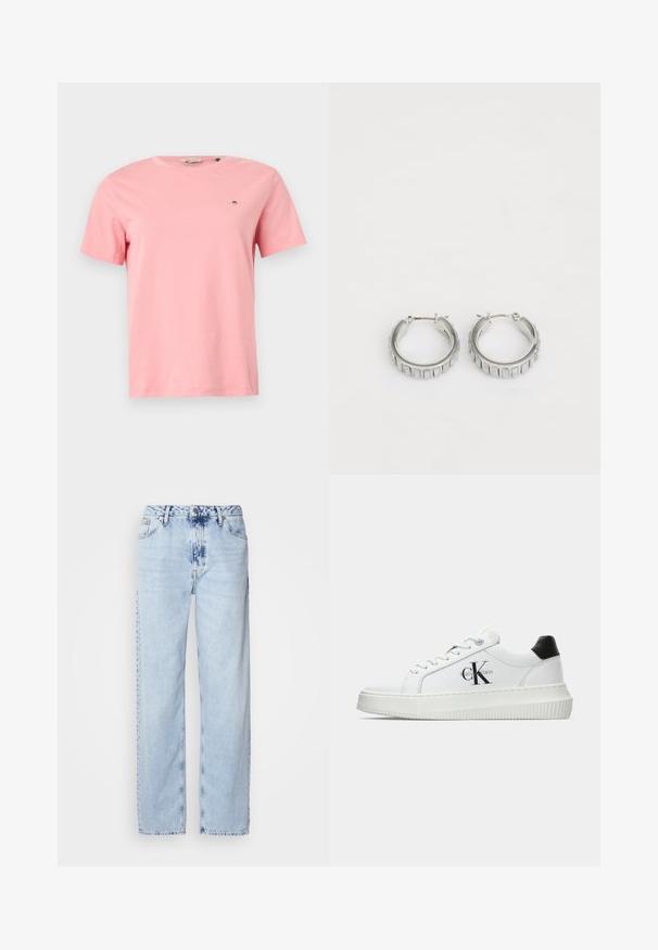 Camiseta de algodón rosa con escote redondo, manga corta y un pequeño logo bordado en el lado izquierdo del pecho. Textura suave, ajuste casual.; Jeans de pierna ancha en azul claro, confeccionados en denim, con una cintura alta, un lavado desgastado y un sutil patrón de tie-dye en la parte delantera.; Zapatilla baja blanca con talón negro, suela de plataforma, cordones y logotipo "CK" de Calvin Klein en el lado.; Pendientes de aro plateados con un diseño texturizado que presenta estrías verticales. Forma circular con un cierre de seguridad. Acabado suave.