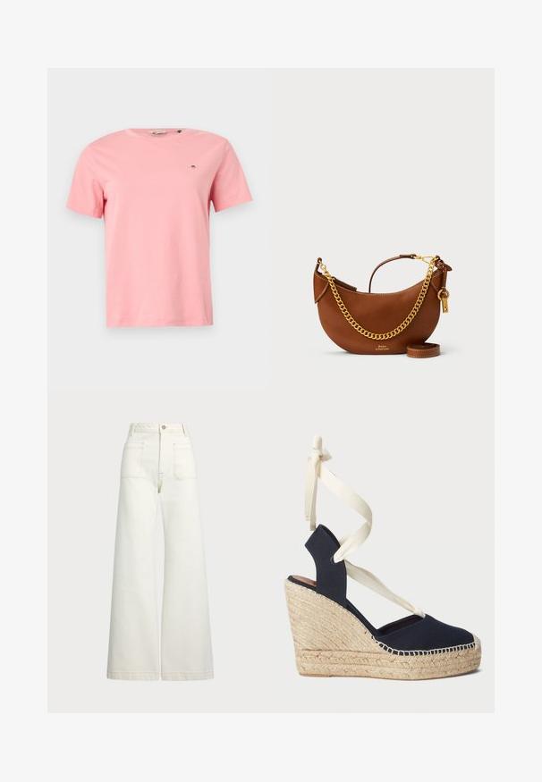 Rosa Baumwoll-T-Shirt mit rundem Ausschnitt, kurzen Ärmeln und einem kleinen gestickten Logo auf der linken Brust. Glatte Textur, lässige Passform.; Weite Jeans aus off-white Denim. Hoch tailliertes Design mit Knopfverschluss, zwei Fronttaschen und kontrastierenden Stickdetails.; Navy Canvas Wedge-Sandale mit einer Espadrille-Seilsohle und cremefarbenen Schleifenbändern am Knöchel. Geschlossener Fersen- und runder Zehenbereich.; Braune Lederhandtasche mit geschwungenem Design, goldener Kettenriemen, Innentasche und abnehmbarem Schulterriemen. Mit kontrastierenden Nähten.