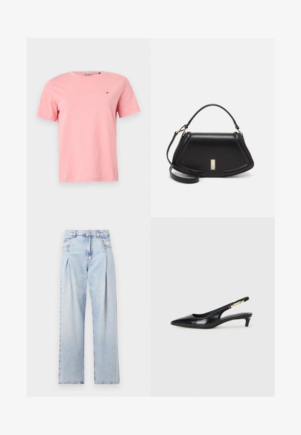 Roze katoenen T-shirt met een ronde hals, korte mouwen en een klein geborduurd logo op de linkerborst. Glad textuur, casual pasvorm.; Lichtblauwe denim jeans met een hoge taille, wijde pijpen, twee zijzakken en geplooid ontwerp. Zachte textuur met een vervaagd uiterlijk.; Zwarte leren slingback hakken met een spitse neus, voorzien van een slanke hak en een goudkleurige accent op de verstelbare band. Gladde textuur.; Zwarte leren handtas met een gestructureerd ontwerp, featuring een verkorte vorm, bovenhandvat en gouden hardwareaccent. Inclusief verstelbare schouderband.