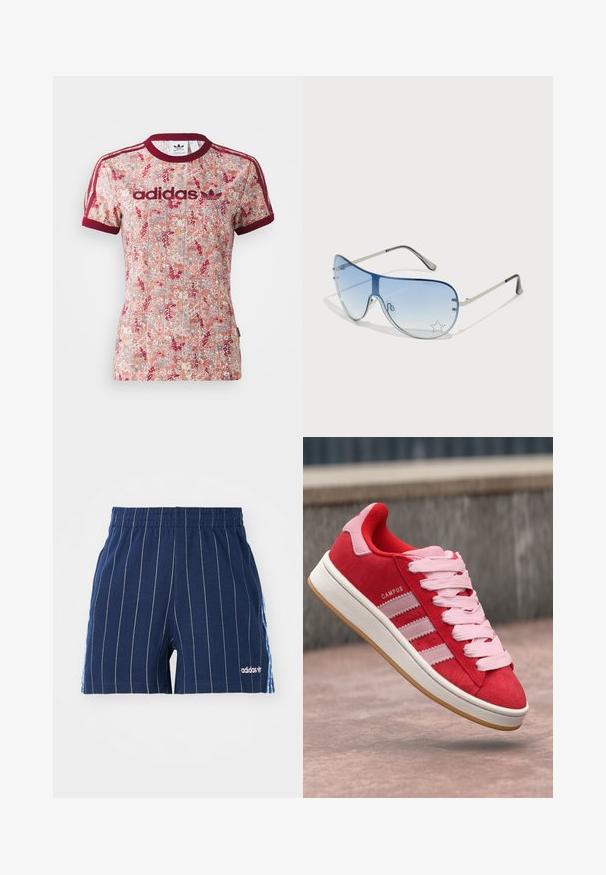 Adidas marškinėliai su gėlių raštu raudonų ir kreminių atspalvių, bordo spalvos griovelių apykaklė ir rankovės, su bordo spalvos Adidas logotipu.; Tamsiai mėlyni šortai su baltais dryžiais, elastinga juostos, ir Adidas logotipu. Savybė - mėlyni akcentai šonuose, pagaminti iš medvilnės mišinio.; Raudoni suediniai sportbačiai su rožiniais akcentais, turintys tris baltas juosteles ir šviesiai rožinius raištelius. Balta tarpinė ir gumos guminė padas.; Aviatoriai akiniai su gradientiniais mėlynais objektyvais, sidabriniu metaliniu rėmu ir dekoratyvinėmis žvaigždžių akcentais ant objektyvų. Lygaus ir stilingo dizaino.