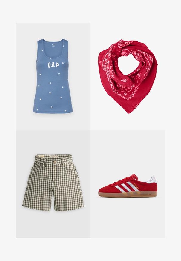 Mėlynas juostuotas tanko marškinėlis su baltais žvaigždutėmis ir baltais užrašais "GAP" priekyje. Gilus iškirpimas ir be rankovių dizainas.; Rudos ir baltus languotus šortus, kurie turi mygtuką, dvi priekines kišenes ir laisvą pjūvį. Pagaminti iš audinio su lygiu paviršiumi.; Raudoni zomšiniai kedai su baltu trimis dryžiais ir auksiniu „Gazelle“ tekstu. Turi guminį pado gumulėlį ir tekstūruotą kulną.; Raudona medvilnės skara, dekoruota baltais paisley ir taškų raštais, trikampio formos su etikete apatiniame kampe.