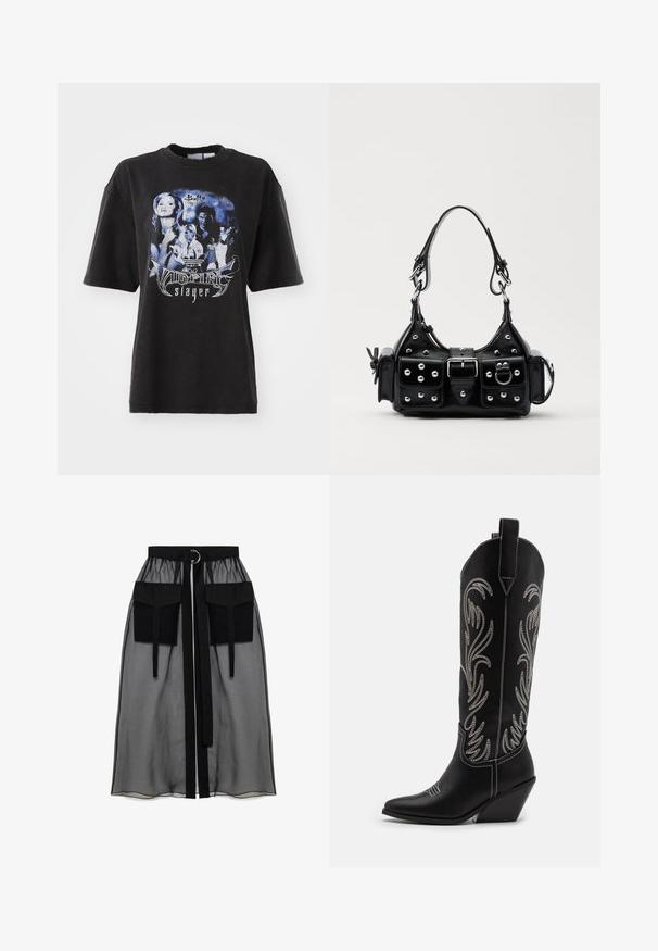 Zwarte oversized t-shirt van katoen, met een grafische print in blauwtinten en afbeeldingen en tekst gerelateerd aan "Buffy the Vampire Slayer."; Zwarte doorschijnende rok met een verzameld tailleband, voorzien van twee grote voorzakken, een tailleband met strik en een ronde metalen accent.; Zwarte leren cowboylaarzen met spitse neuzen, wiggenhakken en zilver geborduurde bloemmotieven langs de schacht. Contrasterende stiksels overal.; Zwarte lederen handtas met een gebogen ontwerp, voorzien van zilveren studs, een gesp en twee zijvakken. Verstelbare schouderband voor verschillende draagmogelijkheden.