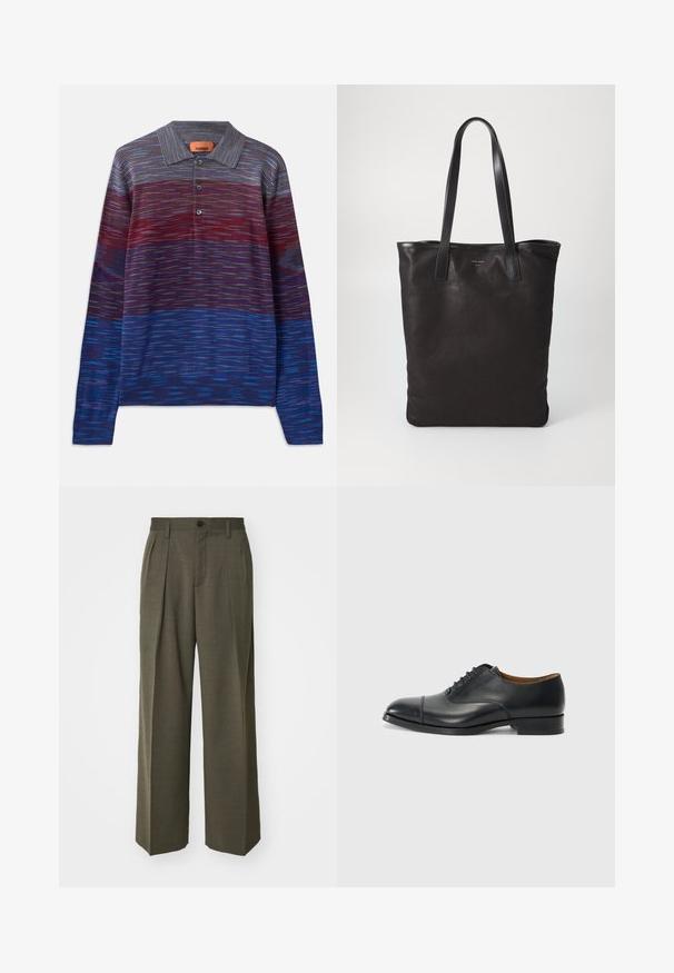 Långärmad polo skjorta i en gradient av röda till blå nyanser. Randigt mönster med krage och tre-knappslå. Mjuk tygtextur.; Filippa K WIDE TROUSERS - Tygbyxor - driftwood; Svart läderklänning sko med en slät yta, rund tå, fem öglor för snören och låg klack. Minimalistisk design med subtila sömmar.; Svart canvas toteväska med svarta läderhandtag. Enkel design, rymlig kropp och en slät textur. Inga synliga logotyper eller mönster.