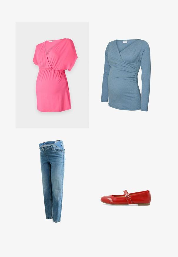 Rosa graviditetstopp tillverkad av mjukt tyg, med en korsad V-halsdesign, korta ärmar och resårmidja för komfort.; Långärmad graviditröja i ljusblått ribbat tyg, med en v-ringning och rynkdetaljer framtill och på sidorna.; Ljusblå denimjeans med rak ben-design, med medelhög midja, fem fickor och kontrasterande syddetaljer.; Röda patenterade lädersandaler med rundad tå, ett dekorativt rem med en cirkulär spänne och en slät, glansig yta.